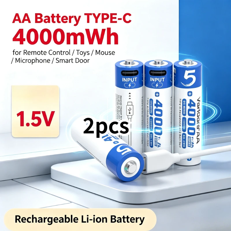 2pcs Rechargeable AA 1.5V Li‑ion TYPE‑C Battery 4000mWh, Replaceable for Remote Control Toys Mouse Microphone Smart Door Lock