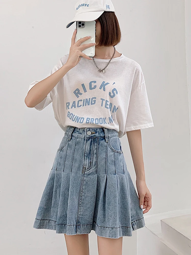 New 2024 Summer Denim Skirts For Women High Waist Pockets Pleated Blue Jeans Skirt Hot Sake Korean Fashion Lady Mini Skirt Woman