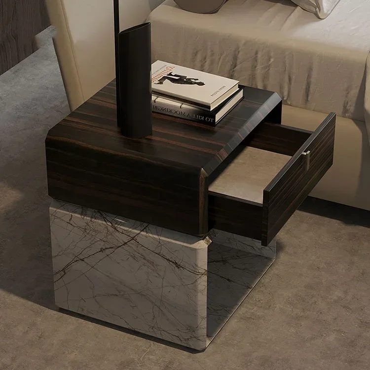 Modern Bed Side Top Wooden Natural Marble Night Stand Luxury Bed Side