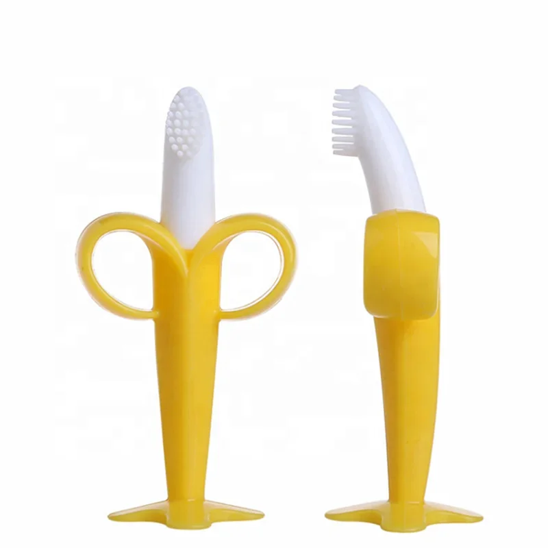 Baby Silicone Toothbrush Baby Oral Health Care Kids Soft Toothbrush Banana Shape Teether Chew Toys Teething Ring Baby Gifts