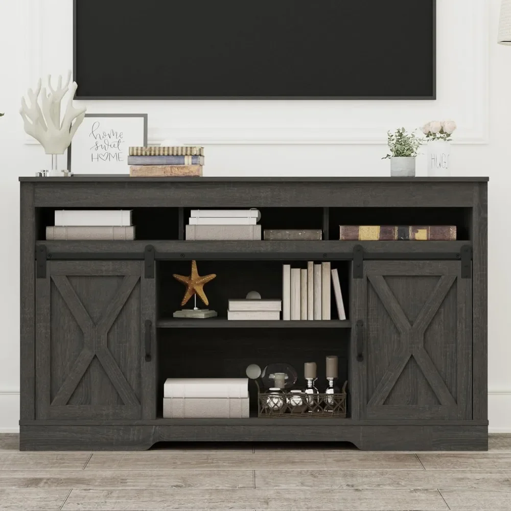 TV Stand  34'' for 65+Inch TVs with Sliding Barn Doors, Rustic Wood Media Console Storage Cabinet Television Stand