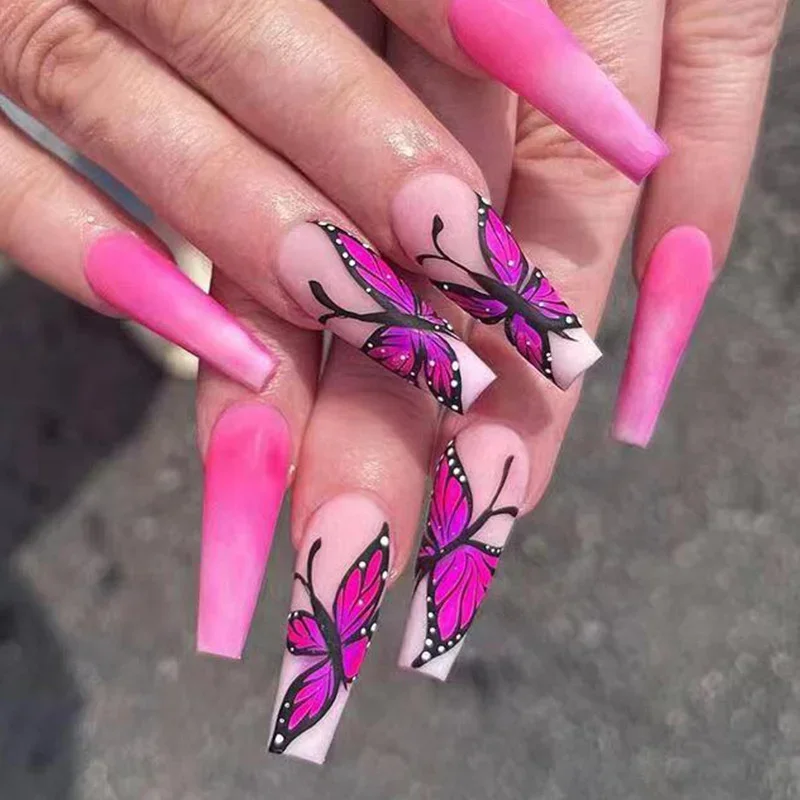 24pcs False Nails With Jelly Gel Butterfly Design Long Coffin French Ballerina Fake Nails Full Cover Nail Tips Press On Nails