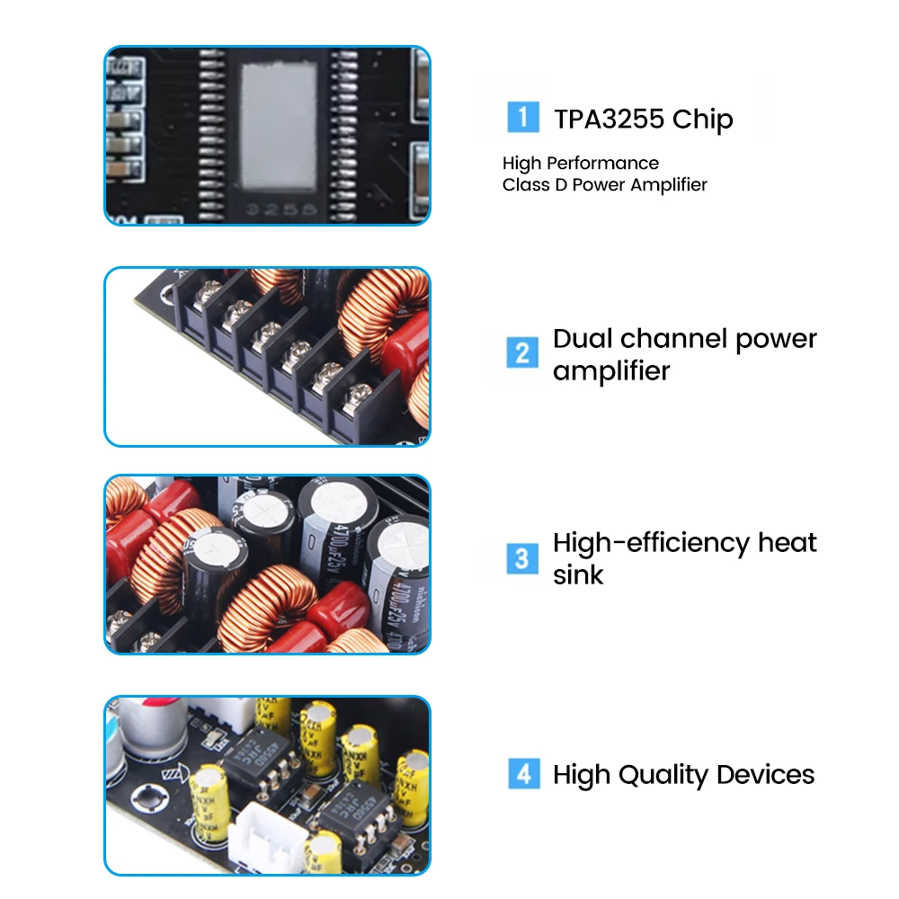 DC19-50V 300W+300W Bluetooth Power Amplifier Module TPA3255 Chip 2.0 Channel with Treble and Bass Adjustment