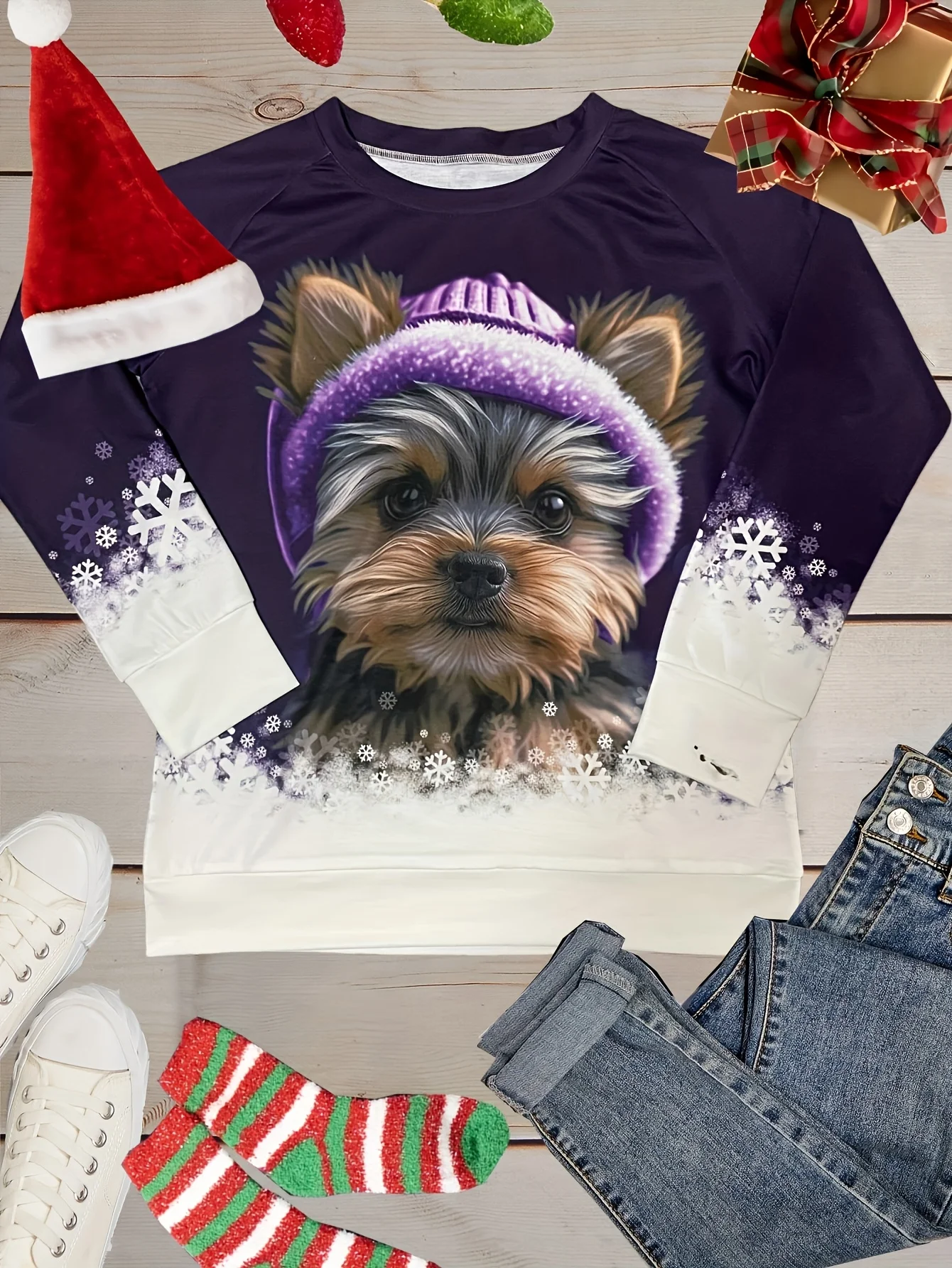 Women's Long Sleeve T-Shirt, Cute Yorkshire Terrier Puppy Wearing Purple Knit Hat With Snowflake Pattern Print, All-Winter Holiday Style Top Suitable For Leisure And Sports Scenarios