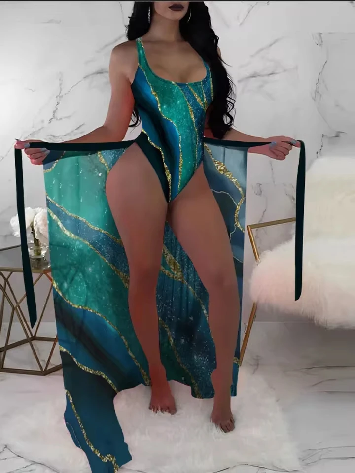 Vzvn 2025 New Summer Bikinis Sexy Backless Print Bikini 3 Piece Women Smock Split Swimsuit High Waist Vacation Beach Bikinis Set