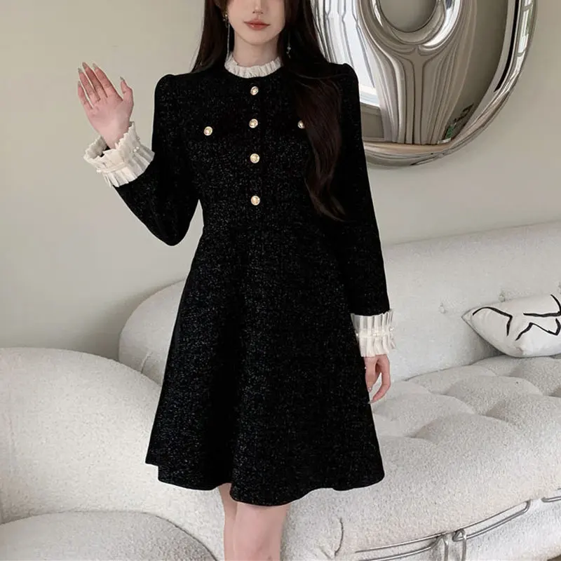 Socialite Lace Spliced Dresses Autumn Winter Fashion Bright Silk Women's Clothing Elegant A-Line Waist Aura O-Neck Midi Dress