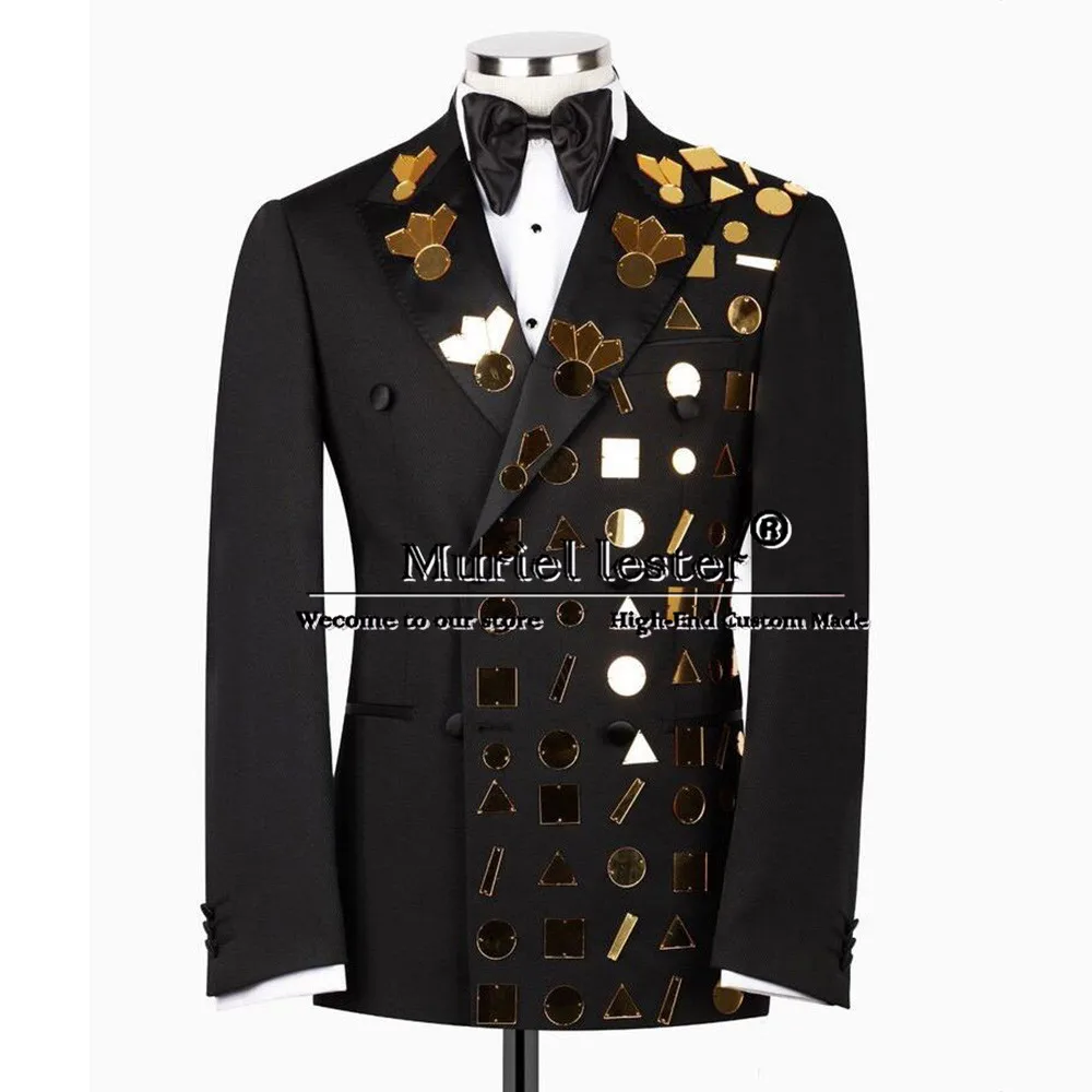 Double Breasted Suits Men Sliver Beaded Jacket Pants 2 Pieces Prom Blazer Man Banquet Business Dinner Wedding Tuxedo Male Dress