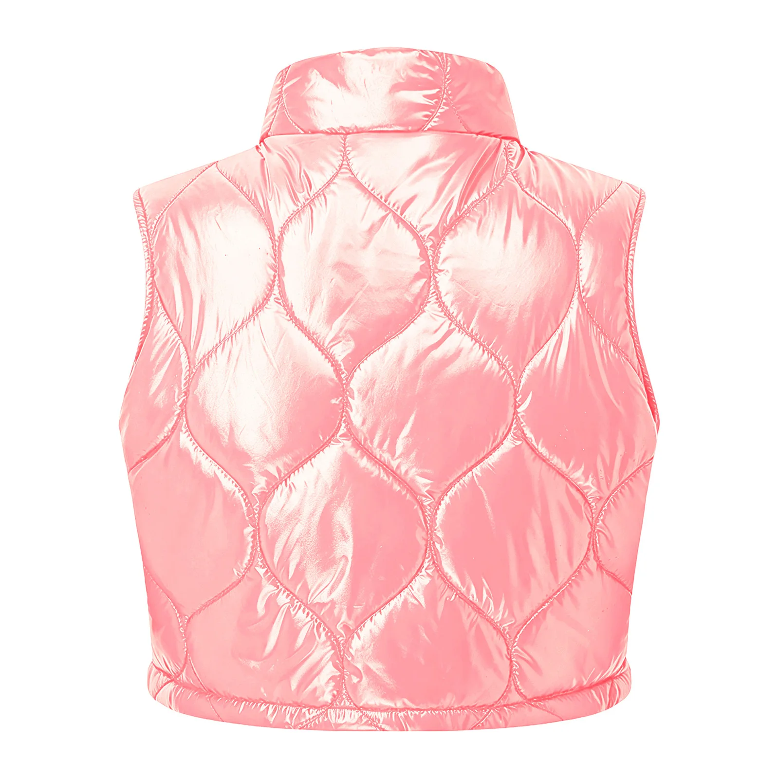 Womens Shiny Quilted Puffer Crop Vest Outerwear Stand Collar Sleeveless Front Zip-up Crop Tank Top Padded Warm Gilet Waistcoat