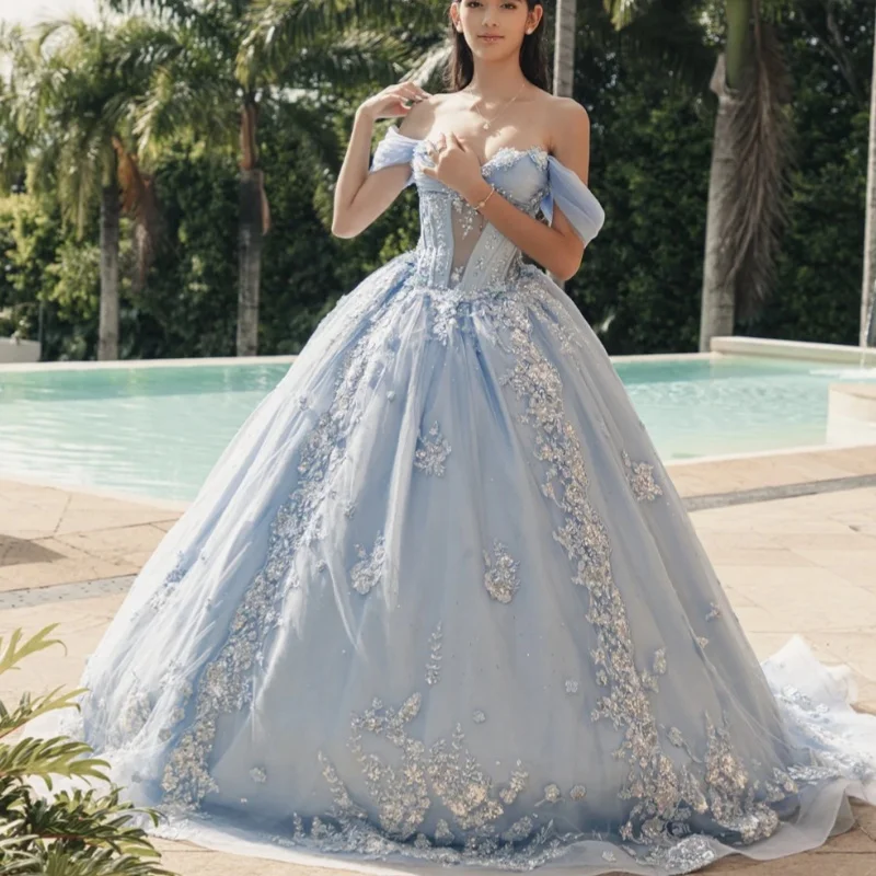 Simple Blue Quinceanera Dresses Off the Shoulder Glitter Flower Decal Crystal Long tail Vestido De 15 Quinceanera Customize