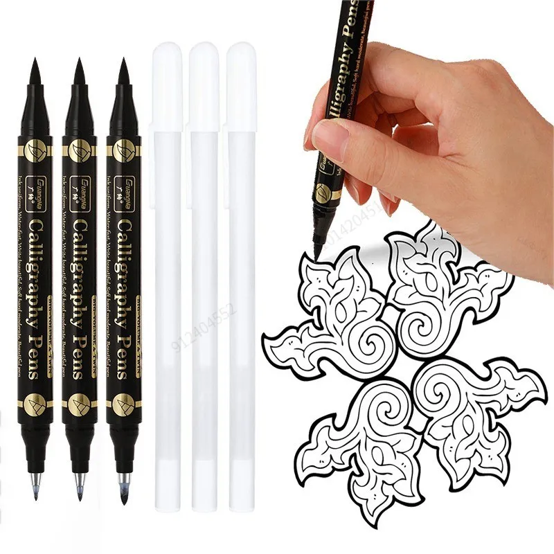 3/6PCS Dual Tip Pen Black Calligraphy Brush Pen Lettering Pens Art Marker White Pen for Beginners Writing Sketches Art Drawings