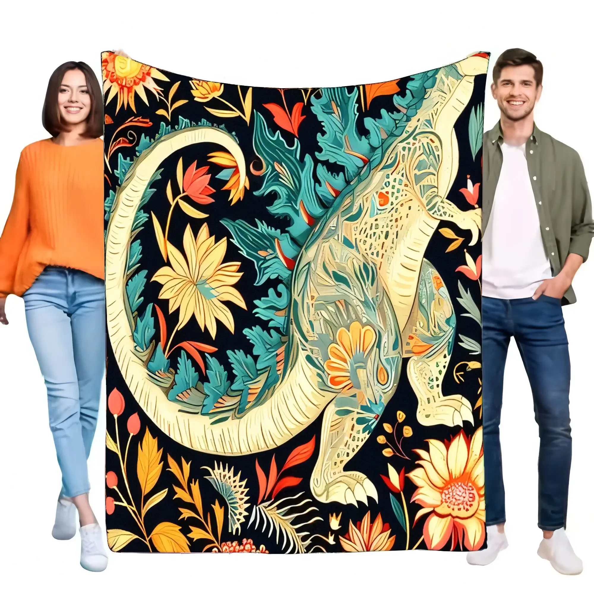 Art Nouveau Style Dinosaur Blanket, Soft Warm Cozy Floral Fleece Throw for Bed Couch Sofa Unique Home Decor & Gift