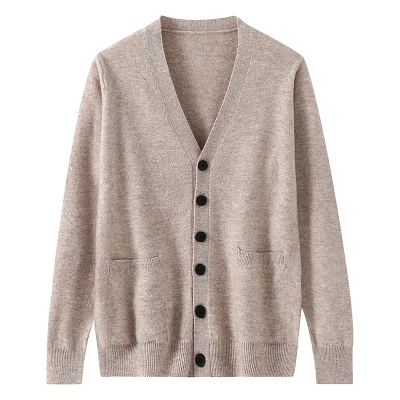 % Wool Cardigan Men'S Solid Color Button Sweater Business Casual Solid Color Long Sleeve Knitwear