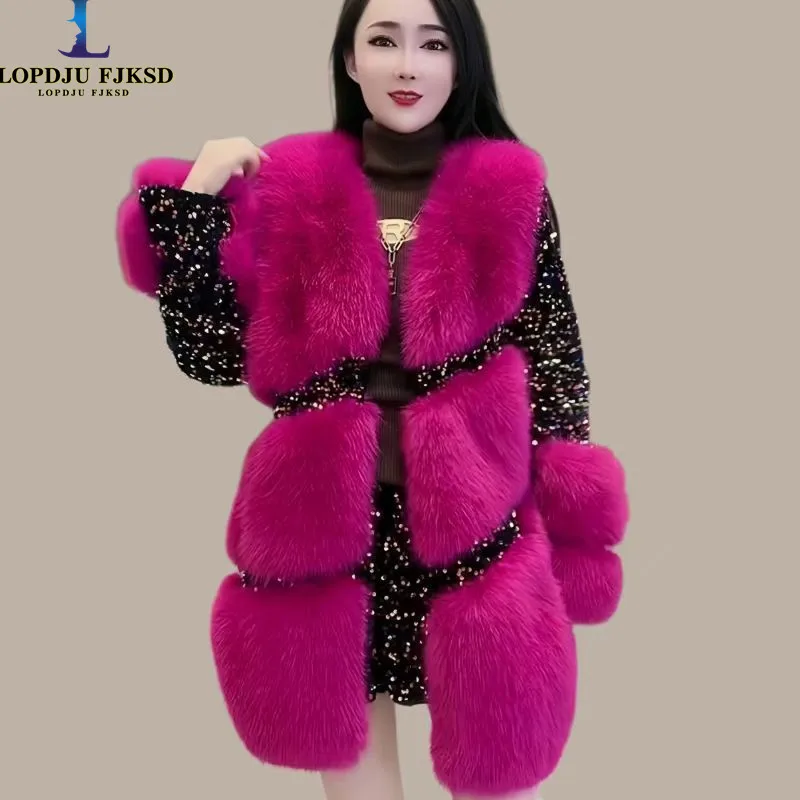 Faux Fur Coats for Women,Covred ButtonJackets,Spliced Overcoat,Female Clothes,Sequins,Thicken Warm,Luxury,New ,Winter,2025