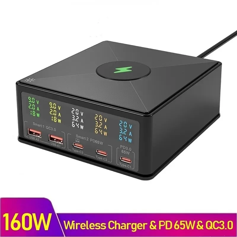 160W USB Charger Station 15W Wireless Charger LCD Display USB-C QC3.0 PD 65W Fast Charger Carregador For Iphone 14 Xiaomi Laptop