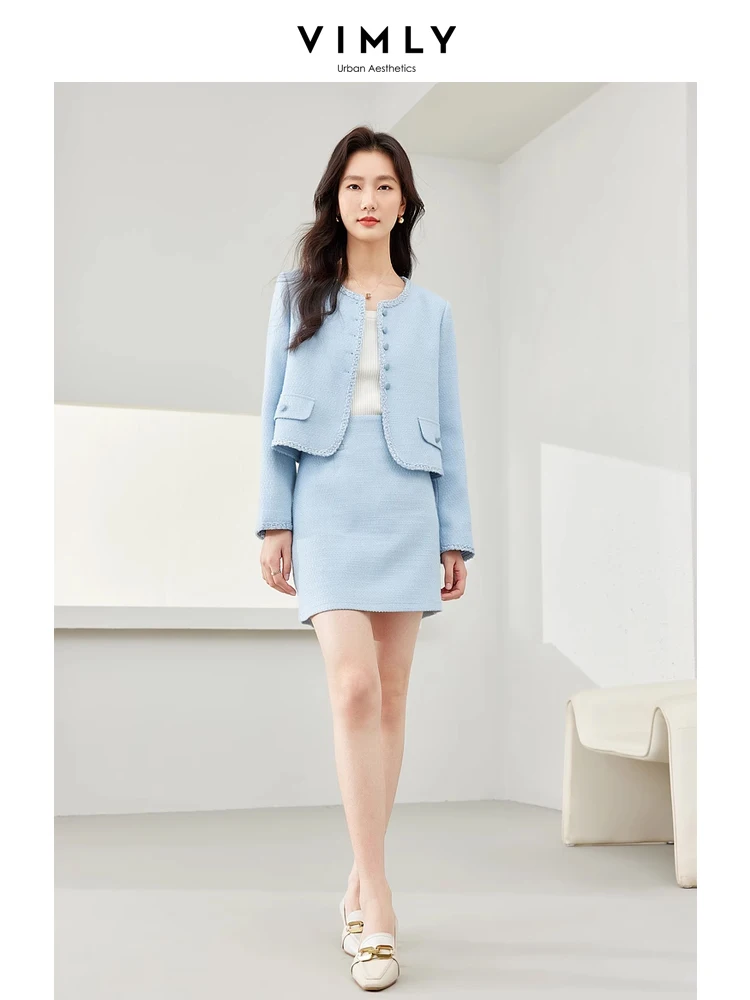 Vimly Light Blue Elegant Tweed Sets for Women 2 Pieces O-neck Cropped Jacket A-line Mini Skirt 2024 Spring Matching Sets M6675