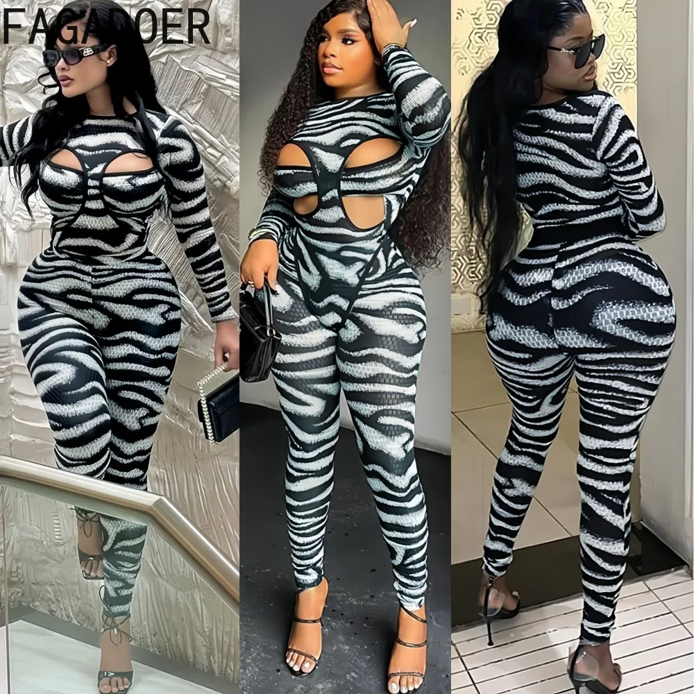 

FAGADOER Sexy Zebra Stripe 2 Pieces Set for Woman Outfits Sleeveless Backless Tops and Hollow Out Pants Female Streetwear 2025