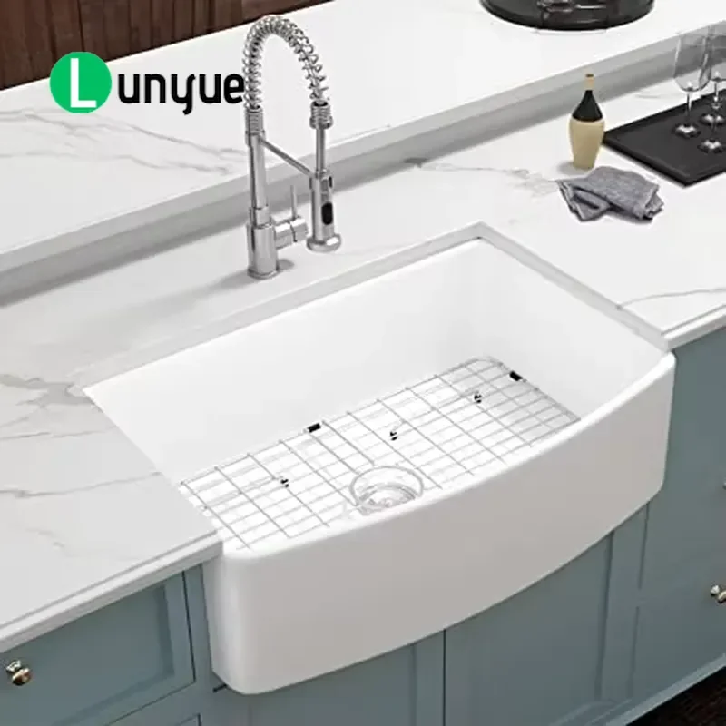 33x20 Inch White Fireclay Farmhouse Kitchen Sink Single Bowl Curved Apron Front Ceramic Porcelain Basin for Home Kitchen