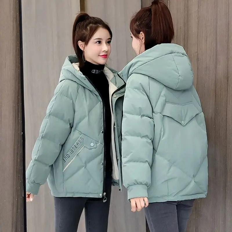 2023 New Women Down Cotton Coat Winter Jacket Female  Hooded Loose Parkas Medium Style Outwear Printing  Straight Overcoat