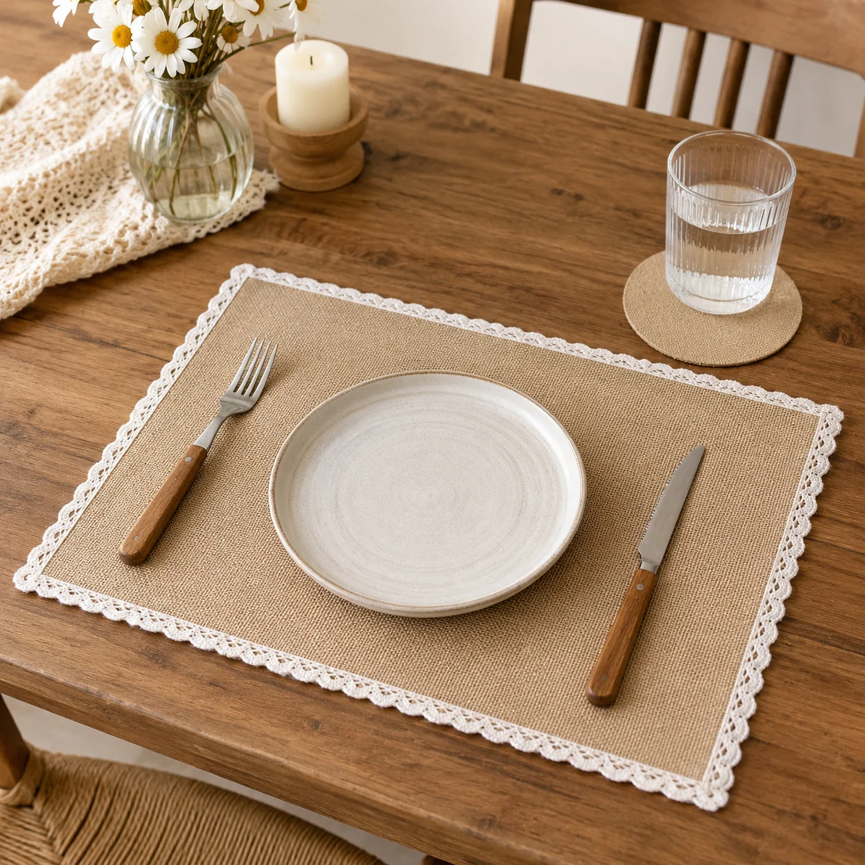 8/16/24pcs solid color jute placemats, lace rectangular placemats and round coasters are suitable for daily meals and picnics