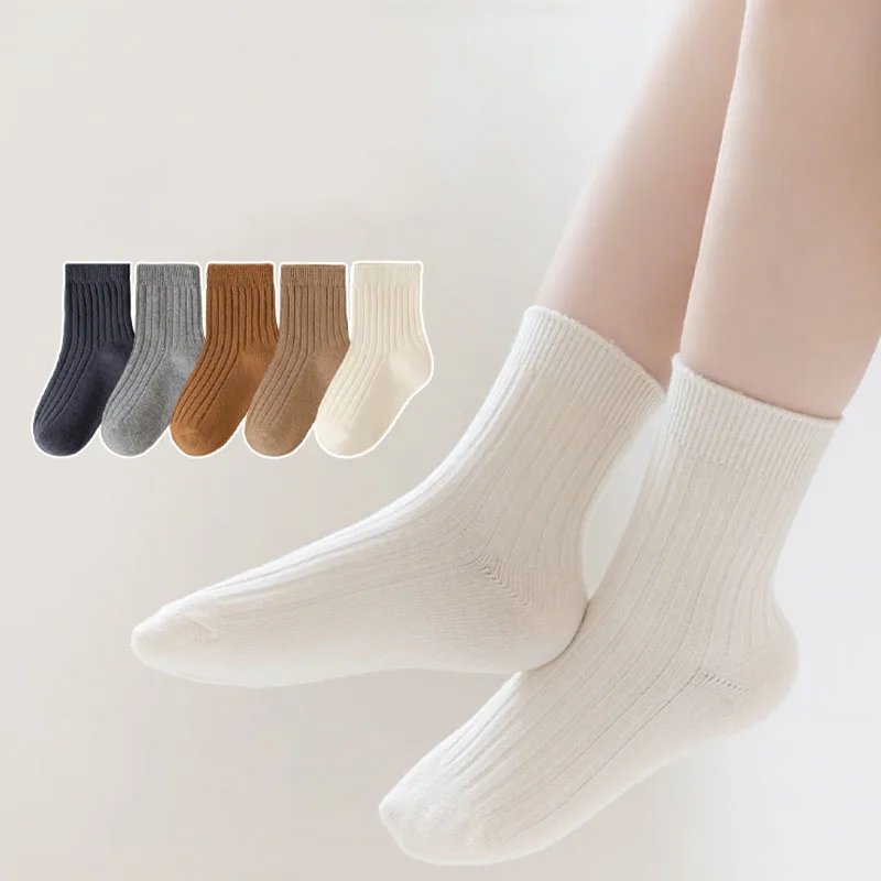 5 Pairs/Lot Children\'S Socks Set Solid Color Double Needle Cotton Kids Mid-Tube Socks Candy Color Boys And Girls Student Socks