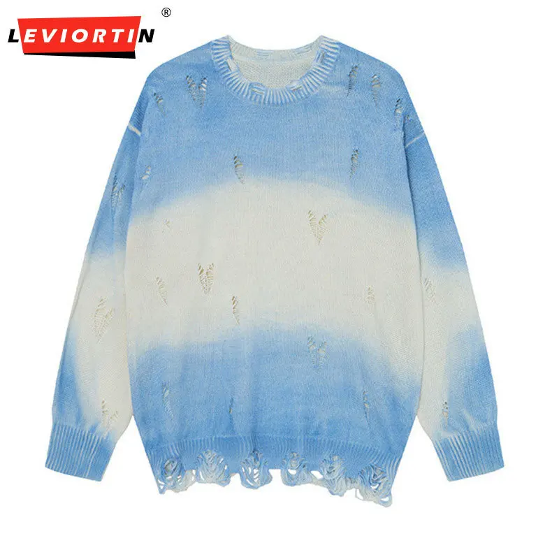 

Trendy brand contrasting tie dye niche sweater men's loose and lazy windbreak hole hook flower round neck knitted sweater