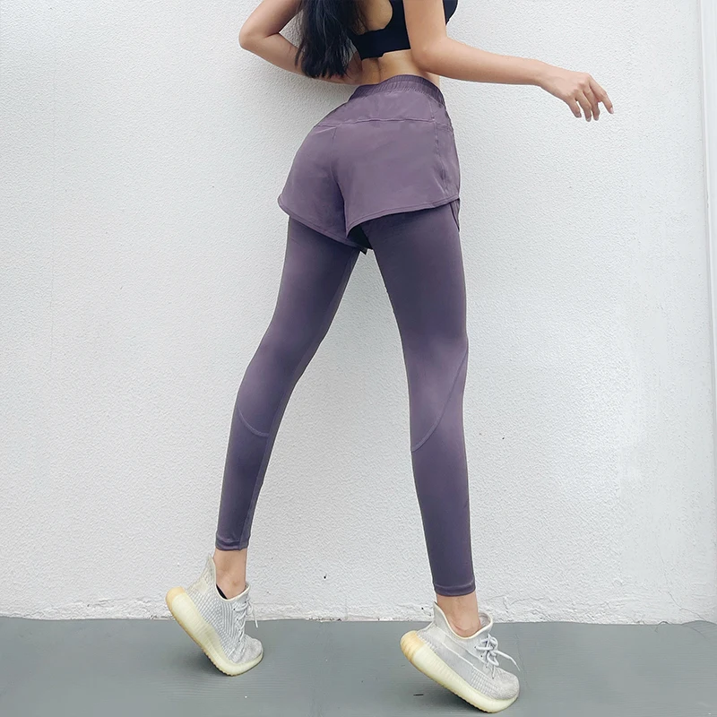 Gefälschte zweiteilige Yoga-Hose für Damen, atmungsaktiv, schnell trocknend, Stretch-Fitness-Laufhose, einfarbig, Sport-Neun-Minuten-Hose