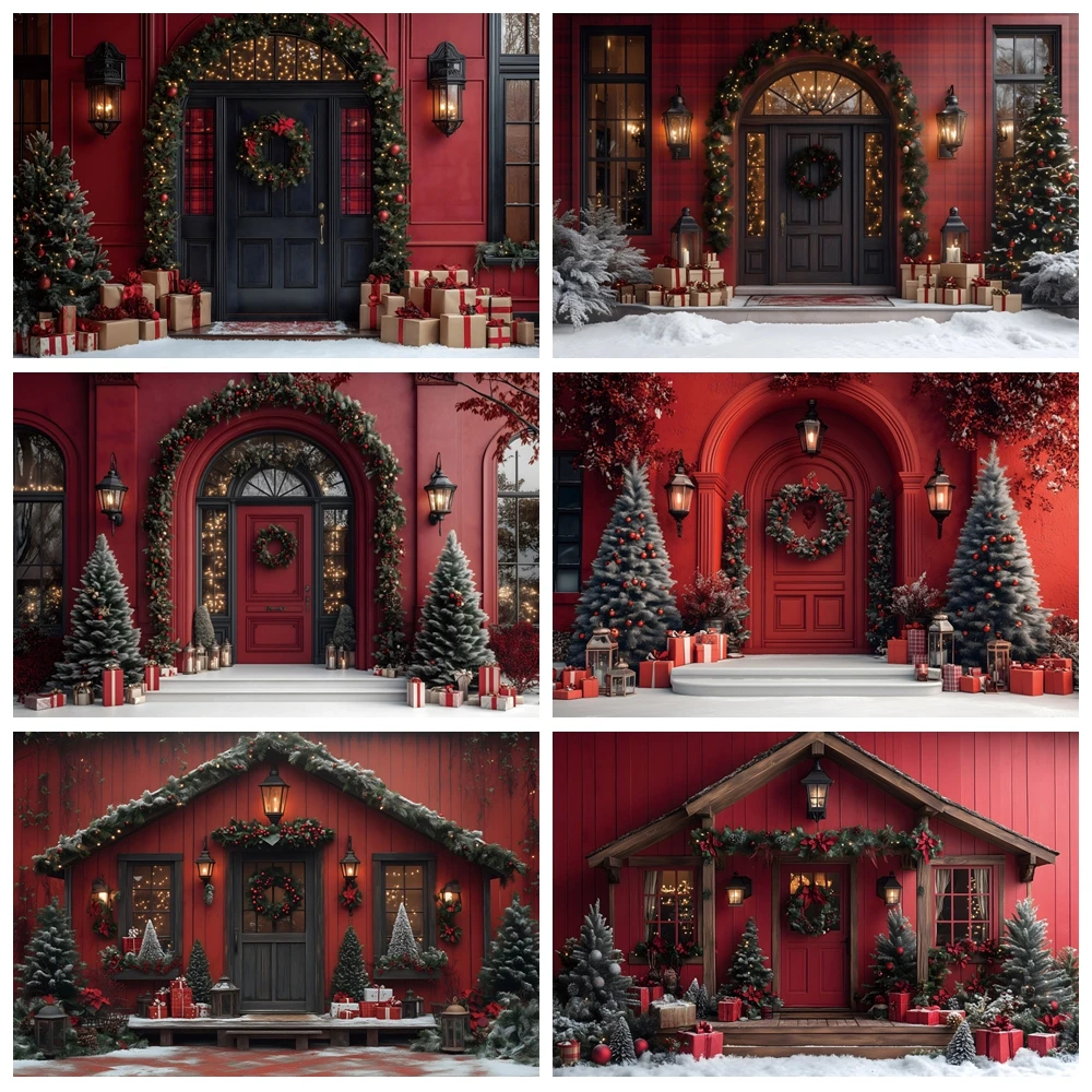 

Winter Christmas Photography Backdrop Vintage Red Arch Xmas Tree Gifts Indoor Kids Family Portrait Decor Background Photo Studio