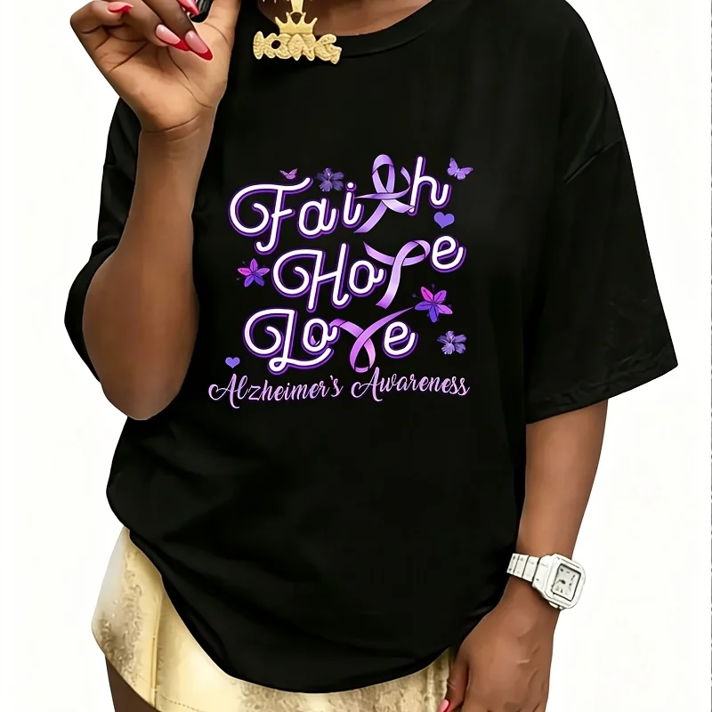Alzheimer's Awareness Purple Ribbon Products Faith Hope Love Women's 100% Cotton T-Shirt Short Sleeve Top Casual Round Neck Fun Print Tee S-5Xl