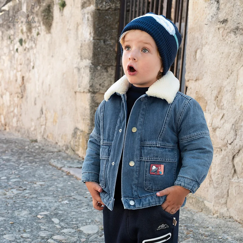 Dave Bella Children Coats Thickened Denim Jacket 2024 Winter New Boys Girls Warm Denim Fashion Baby Kids Clothes DB4243084