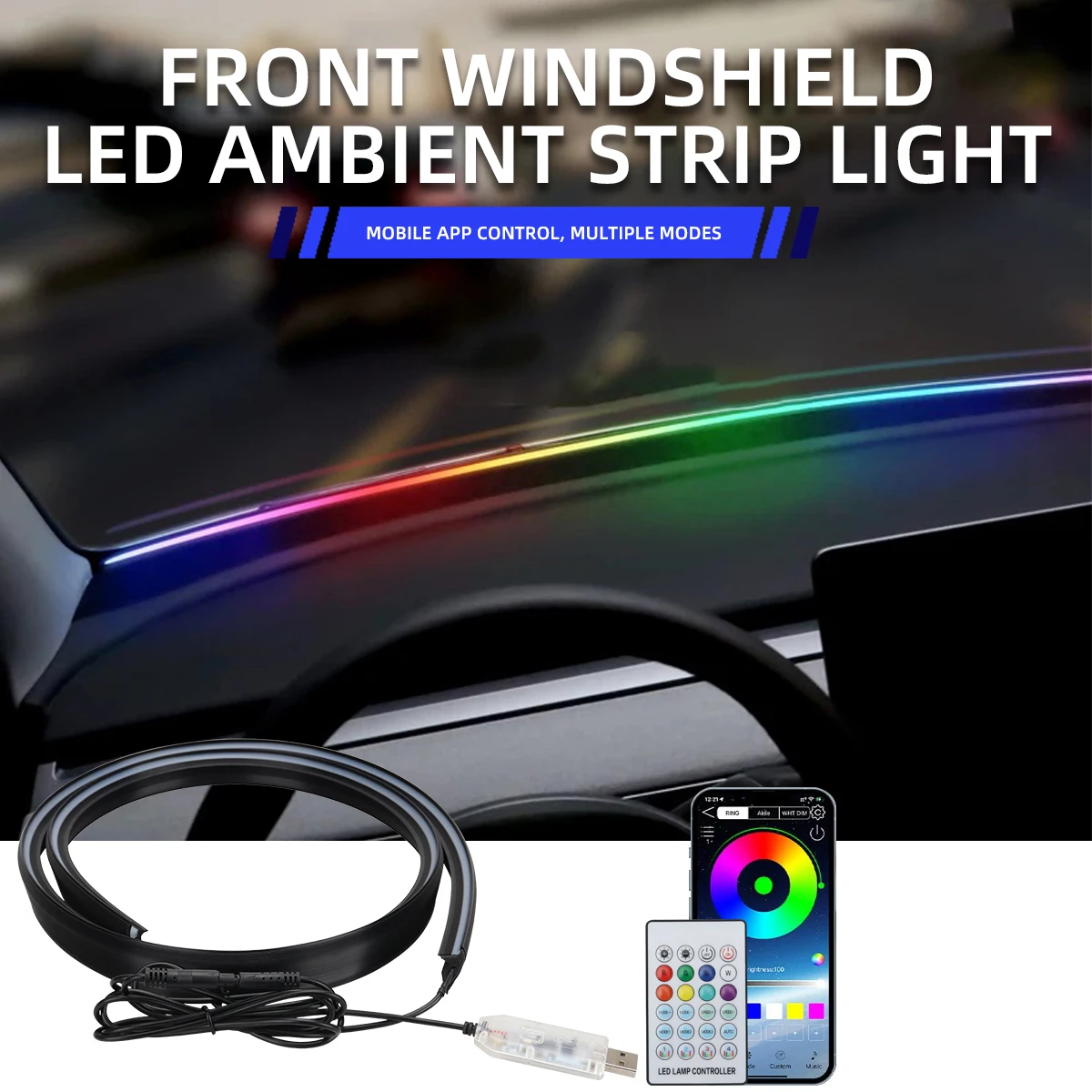 Luzes LED RGB para Interior de Carro 140/150CM, Decoração Interior Sem Fios, Controle Remoto USB APP, Cores Arco-Íris