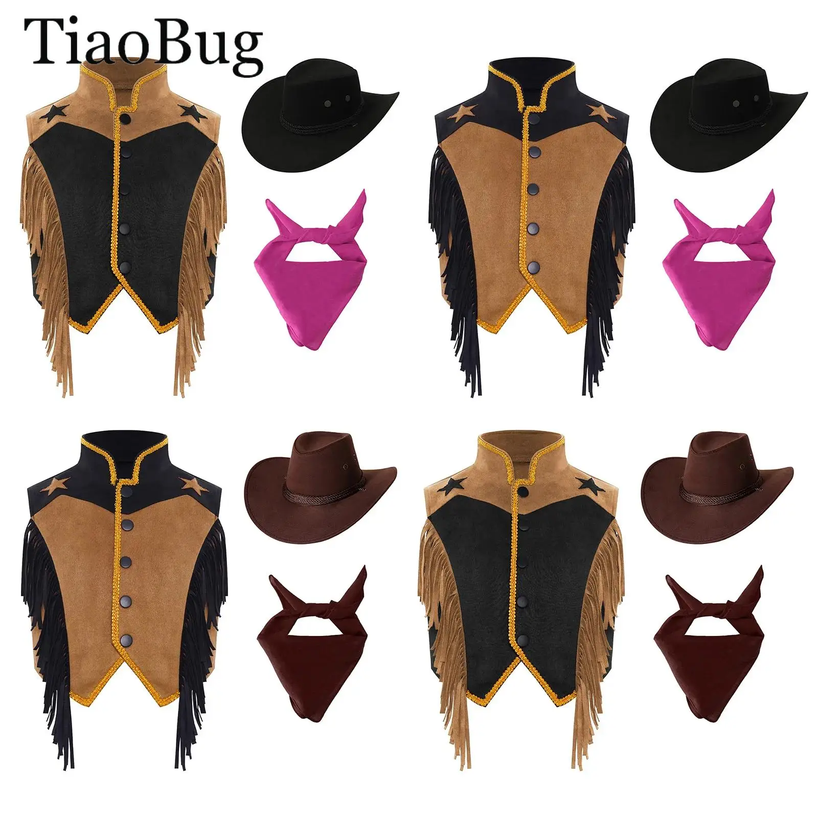 

Boys Girls Halloween Western Cowboy Costume Tassels Waistcoat Fringed Vest Jacket with Hat Bandana Set Cosplay Fancy Dress Up