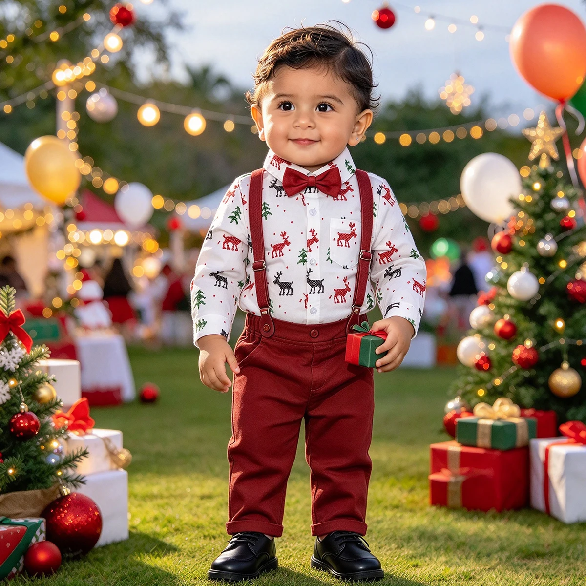 Christmas Outfit Baby Boy Clothes Infant New Year Party Gift Toddler Suspender Formal Suit Set Newborn Xmas Red Green Plaid 2PCS