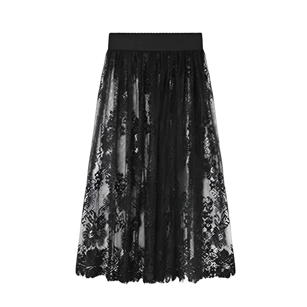 Fashion Thin Ice Silk Long Skirt Lace High Waist Elastic Midi Skirt Mesh Flower Pure Color Basic Underskirt for Summer