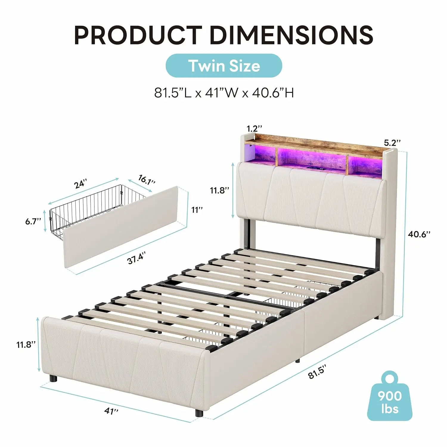 LIKIMIO Twin Bed Frame with 2 Drawers, Charging Station & LED Lights, Beige, Customized