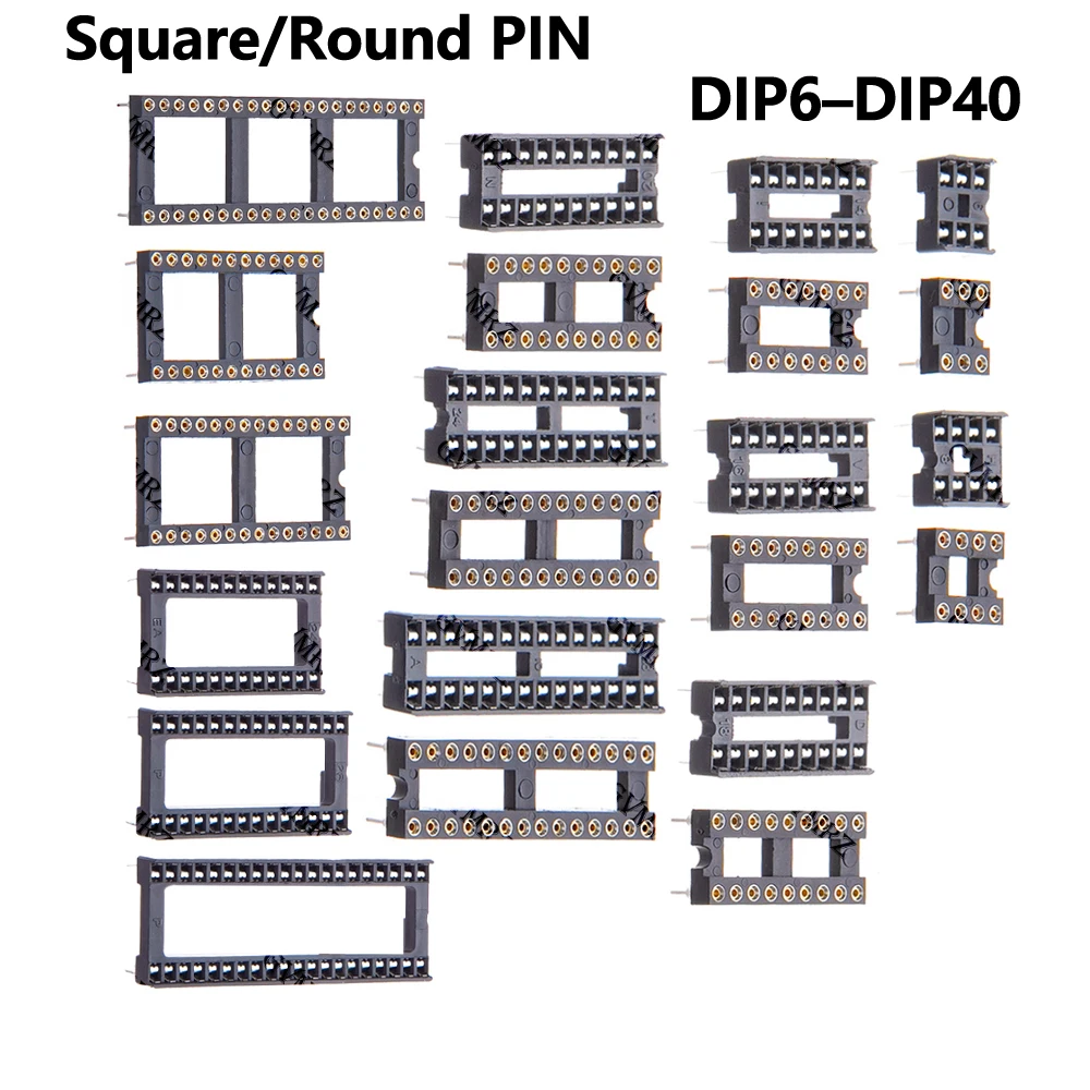 10PCS DIP IC Socket Adapter DIP6–DIP40 Assorted Sizes Round Pin / Square Pin Narrow & Wide Type for PCB DIY Electronics