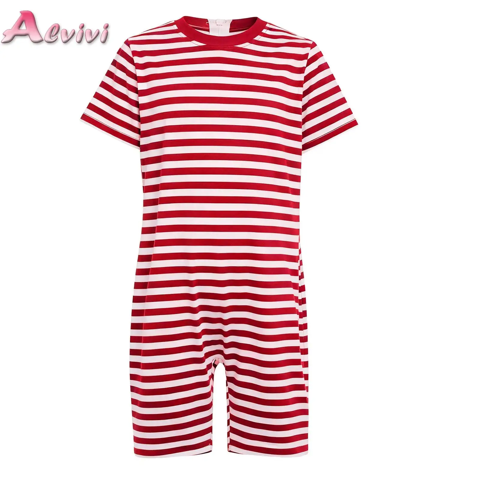 

Kids Boys Girls Special Needs Adaptive Clothing Short Sleeve Thigh Length Anti-Strip Back Invisible Zipper Striped Jumpsuit