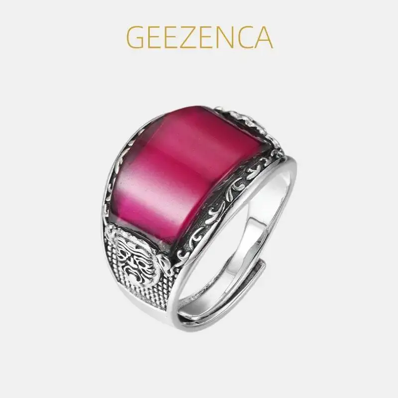 GEEZENCA Red Corundum 925 Sterling Silver Resizable Rings For Women Buddhism Goddess of Wealth Relief Open Ring 2024 New Gift