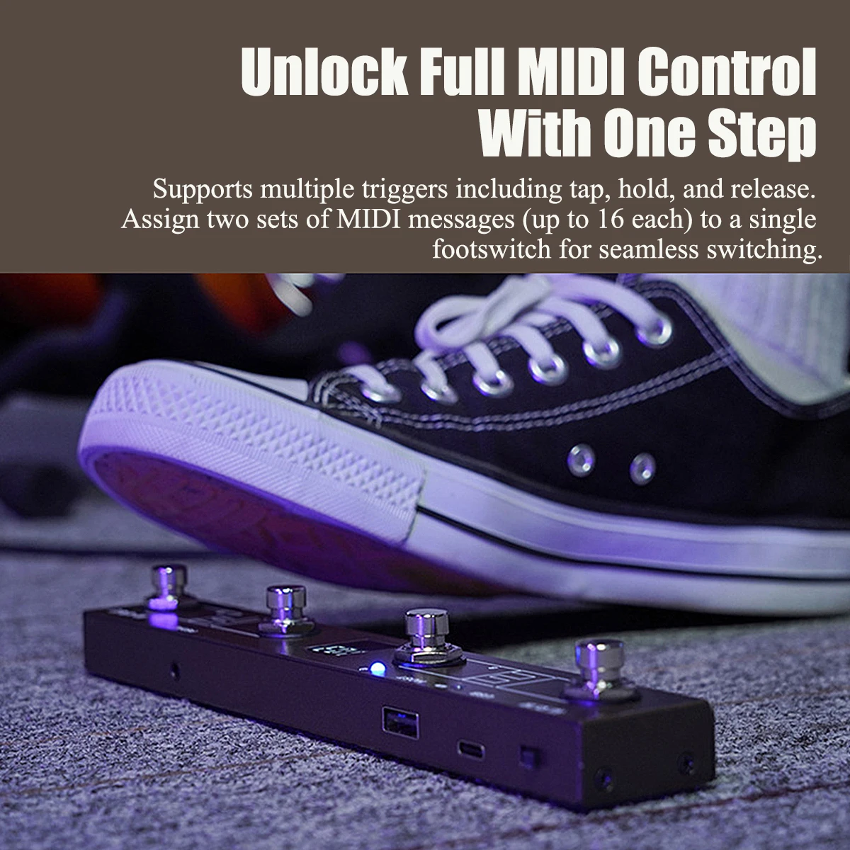 M-VAVE Chocolate Plus Black/Brown MIDI Bluetooth-контроллер – 4 педали, USB-хост, 16 MIDI-сообщений/функций Stomp, 300 мАч, для ПК/Mac