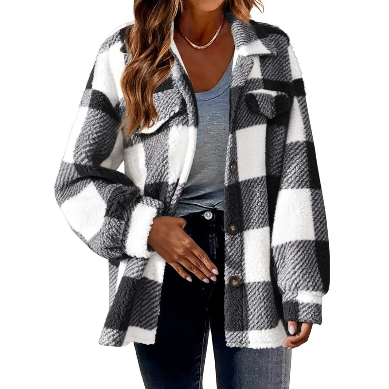 2024 Autumn Winter New Women\'s Clothing Pocket Plaid Lambswool Jacket Button Plush Coat Shacket