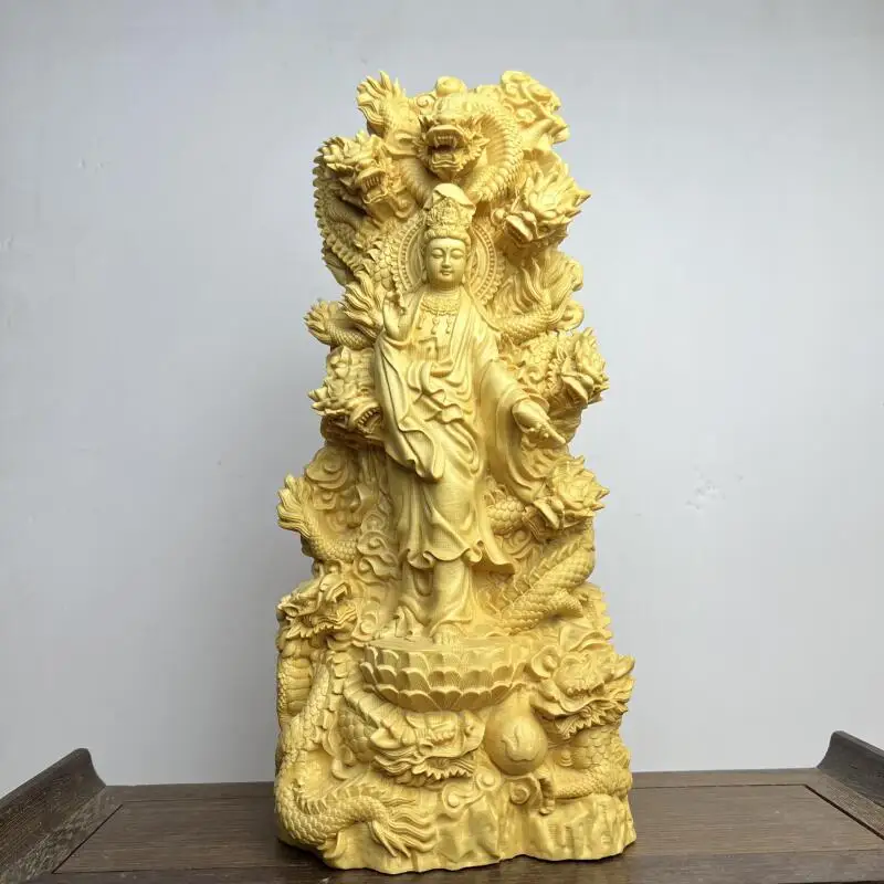 Exquisite wood carving Nine Dragon Protector Dripping Water Guanyin Buddha statue Feng Shui wealth auspicious ornaments