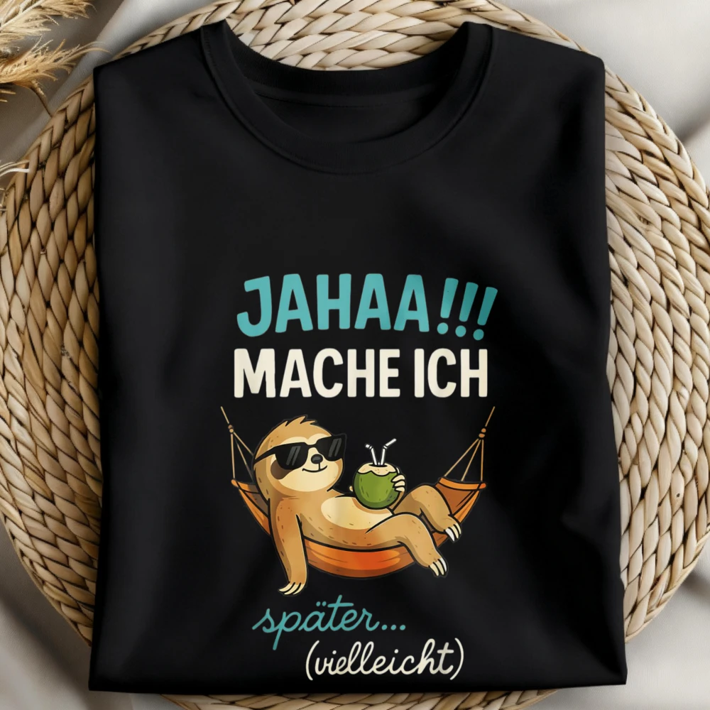 Jahaa Mache ich später vielleicht Quote Funny Ironisch Tshirt German Sloth Lazy Quote Unisex Tee Casual Cotton Shirt Hammock Tee