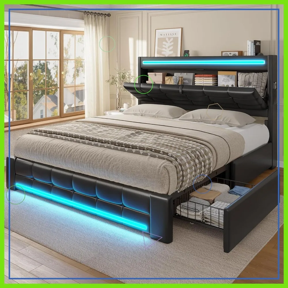 Queen Bed Frame with Storage Headboard, LED Lights, Charging Station & 4 Drawers - No Box Spring Needed