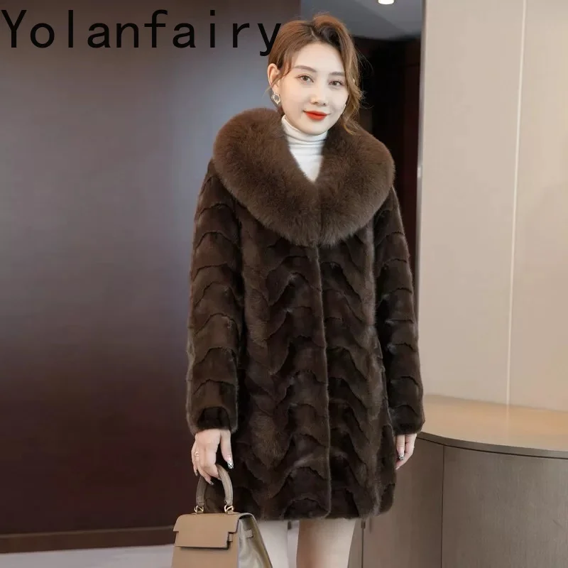 YOLANFAIRY Winter Women Pieced Mink Fur Coat with Genuine Fox Fur Collar Warm Real Fur Coats Woman Mink Jacket Mid-long 80-83cm