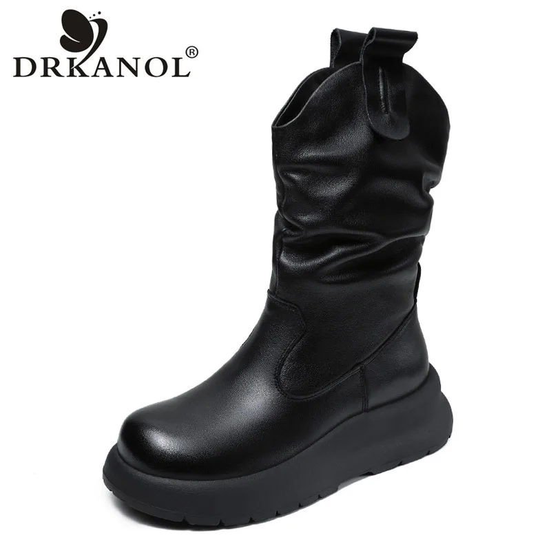 

DRKANOL/женские ботинки до середины икры из натуральной кожи, осенне-зимние повседневные теплые ботинки без шнуровки с круглым носком и плиссированной платформой на танкетке