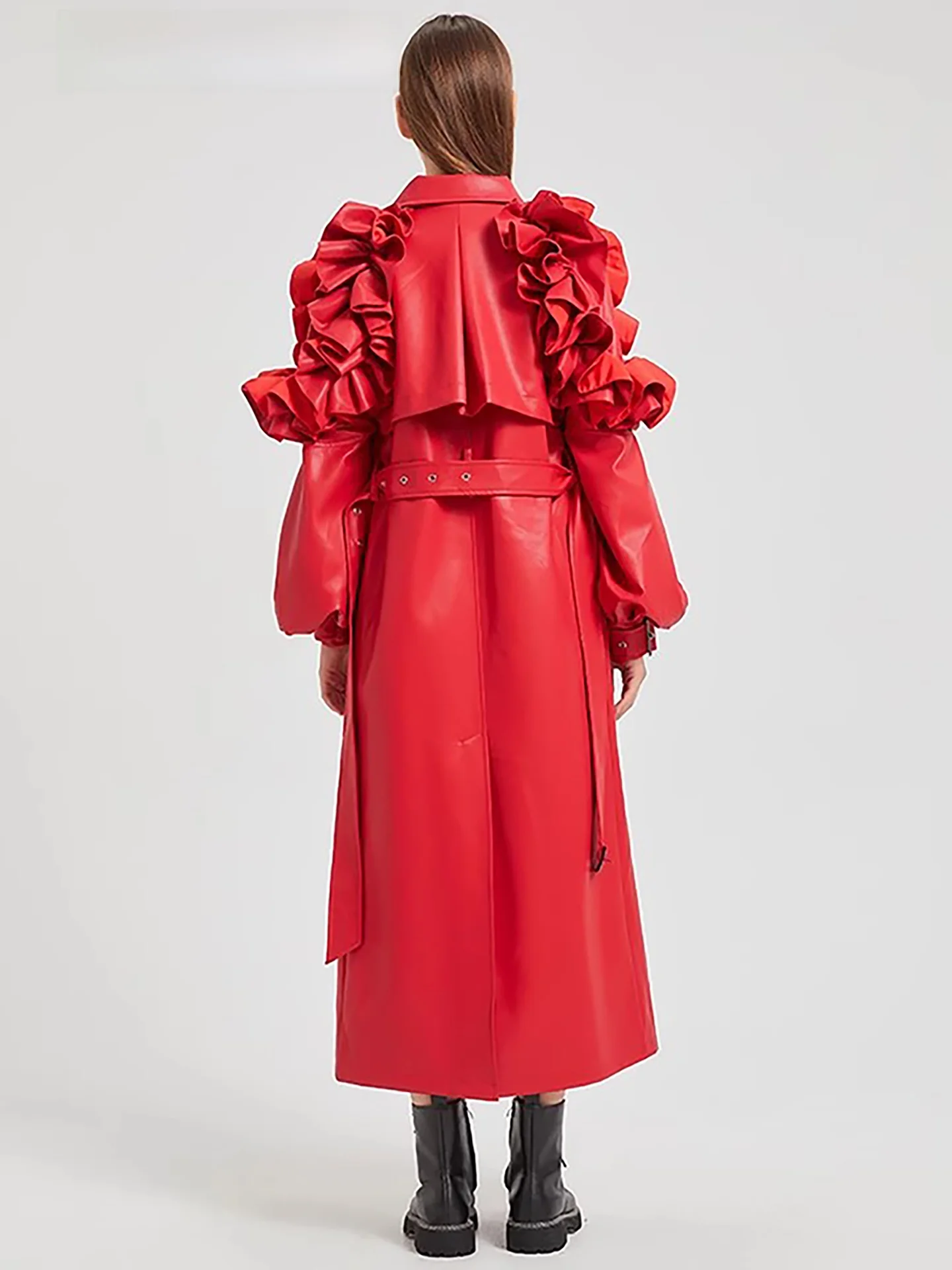 Giacca in Pelle PU da Donna Nerazzurri a Maniche Lunghe, Cappotto Lungo Rosso con Orlo in Pizzo, Vestibilità Ampia, Stile Casual Chic