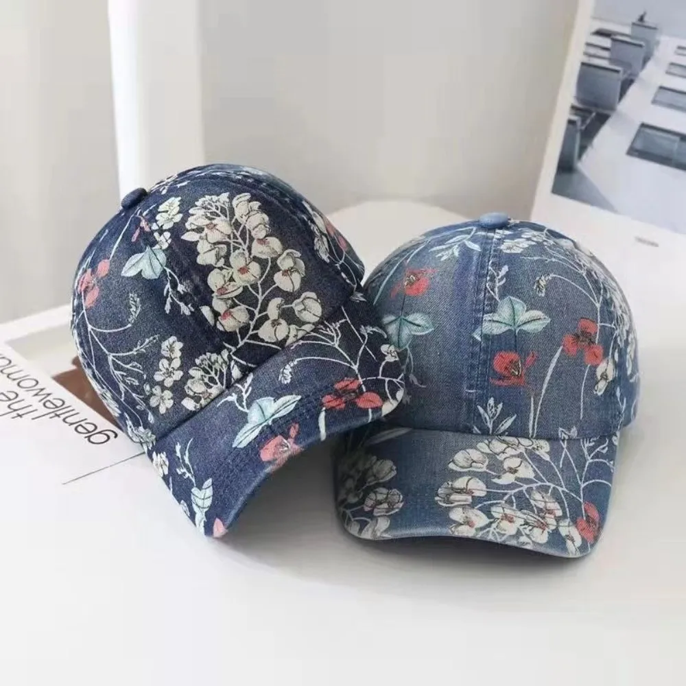 

Street Fashion Cotton Denim Baseball Hats Adjustable Floral Print Sunscreen Hats Sun Protection Vintage Dad Hat Outdoor Sports