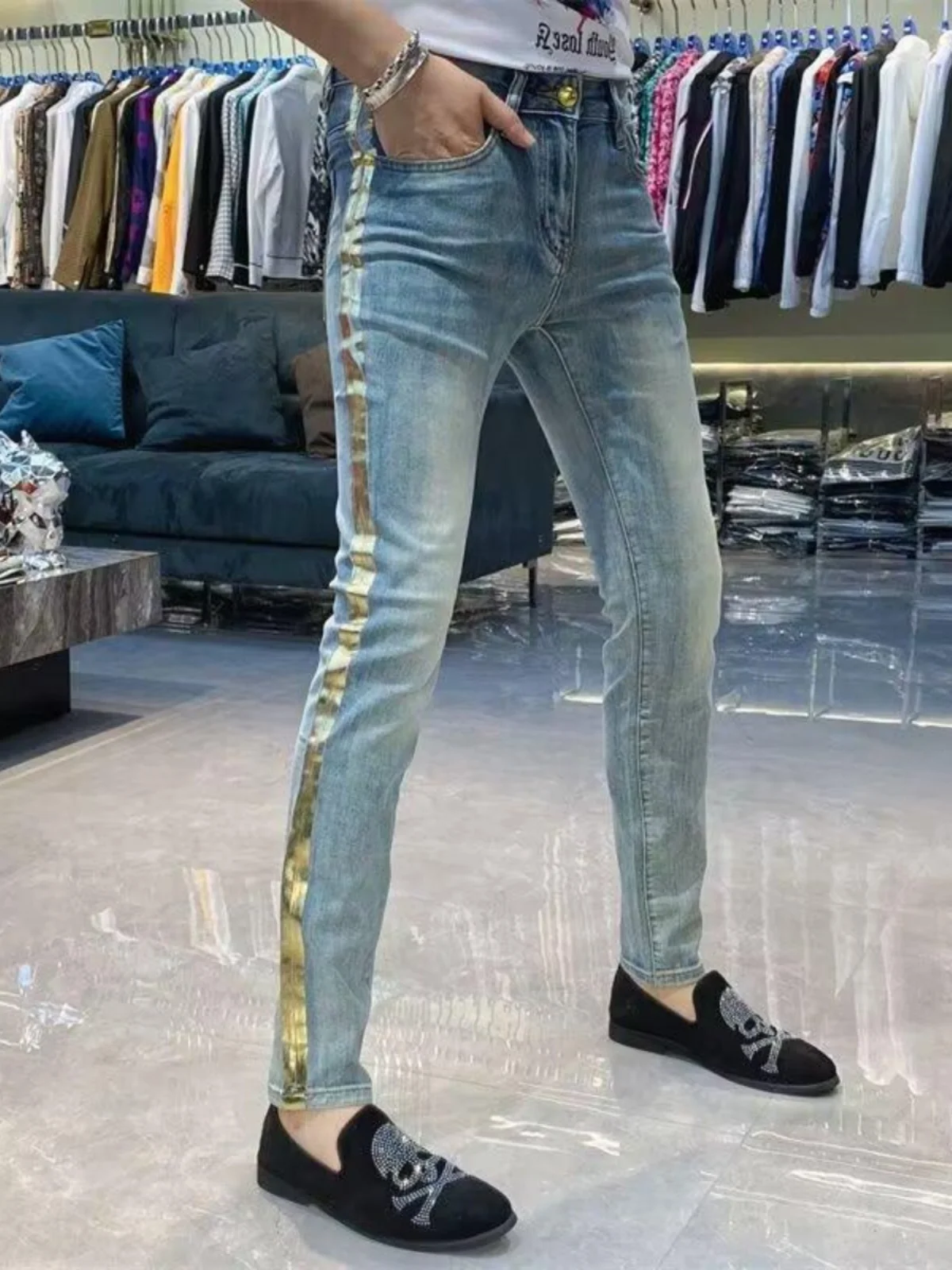 

Модные мужские джинсы Slim Fit с эластичными вставками золотистого цвета, универсальные, весенние, повседневные, из хлопкового стрейч-денима, со средней/низкой посадкой, длинные.