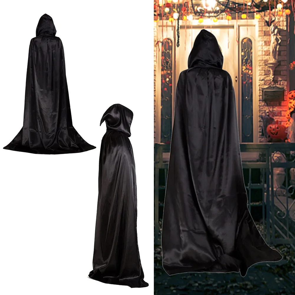 Sorcerer Long Shirt Hooded for Adults and Children Halloween Cosplay Costumes Black Vampire Death Wizard Witch Robe Devil Dress