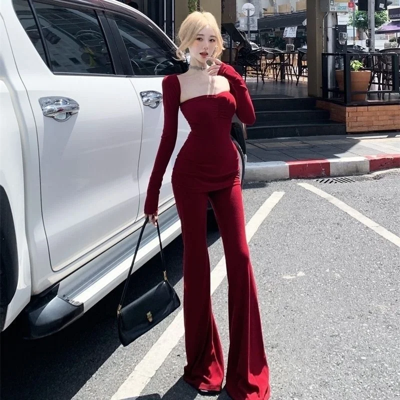 Women's Y2K Three-Piece Set with Flared Pants - Vintage Ruched Top & High Waist Bell Bottoms, Sexy Edgy Streetwear Spring Autumn