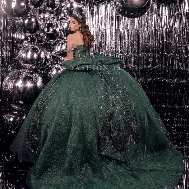 Blackish Green Shiny Quinceanera Dresses Off The Shoulder Beading Crystal Bow Tull Corset Ball Gown Vestidos De 15 Anos Sweet 16